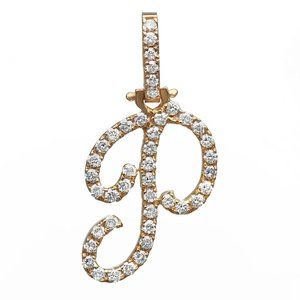 Round Cut Diamond "P" Calligraphy Initial Letter Pendant 14K Yellow Gold 0.58Ctw